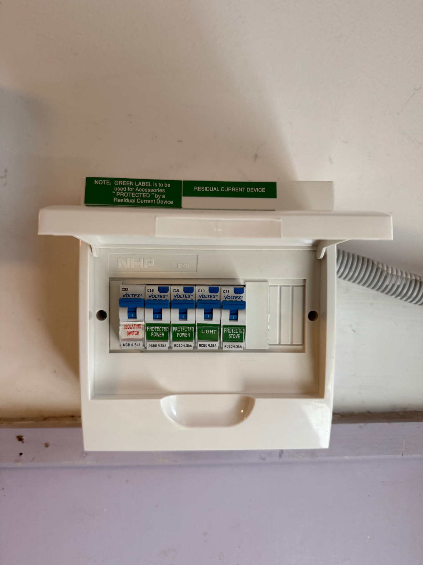 Newly installed switchboard with labelled RCBO circuit breakers